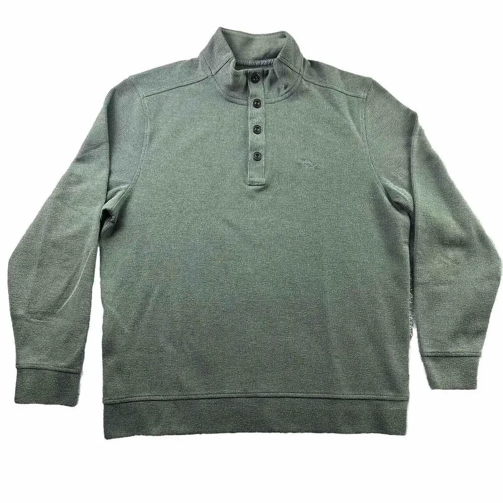 Tommy Bahama Sweater Mens‎ Large Green Ribbed 1/4 Snaps Stretch Casual Office